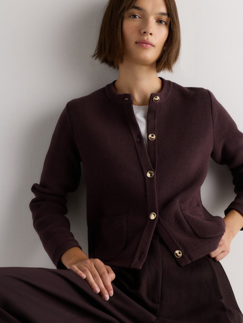 Quince Cotton Sweater Jacket in Chocolate Plum - Picture 5 of 10
